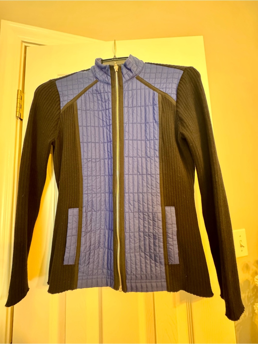 Chico's Black and Blue Quilted Front Zip Bomber Jacket
